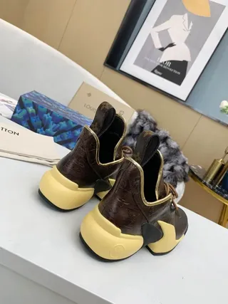 Louis Vuitton Brown Yellow Monogrammed Metallic Leather Sculpted Sole Chunky Sneakers 6