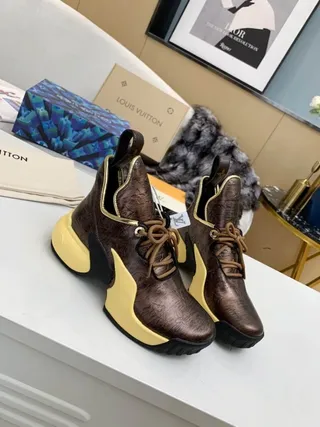 Louis Vuitton Brown Yellow Monogrammed Metallic Leather Sculpted Sole Chunky Sneakers 7
