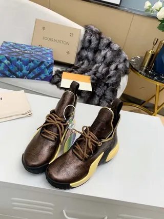 Louis Vuitton Brown Yellow Monogrammed Metallic Leather Sculpted Sole Chunky Sneakers 8