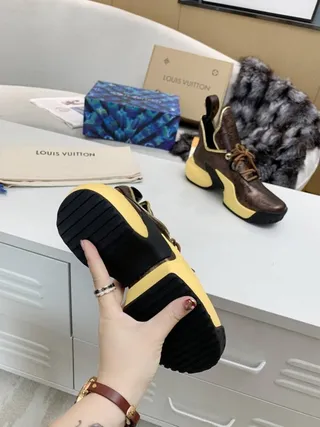 Louis Vuitton Brown Yellow Monogrammed Metallic Leather Sculpted Sole Chunky Sneakers 9