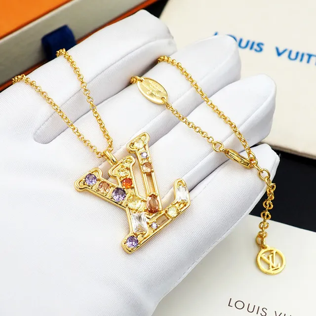 Louis Vuitton Crystal-Embellished LV Monogram Gold Tone Necklace 6