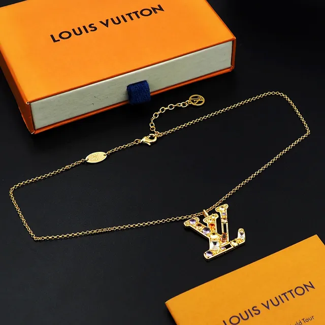 Louis Vuitton Crystal-Embellished LV Monogram Gold Tone Necklace 8