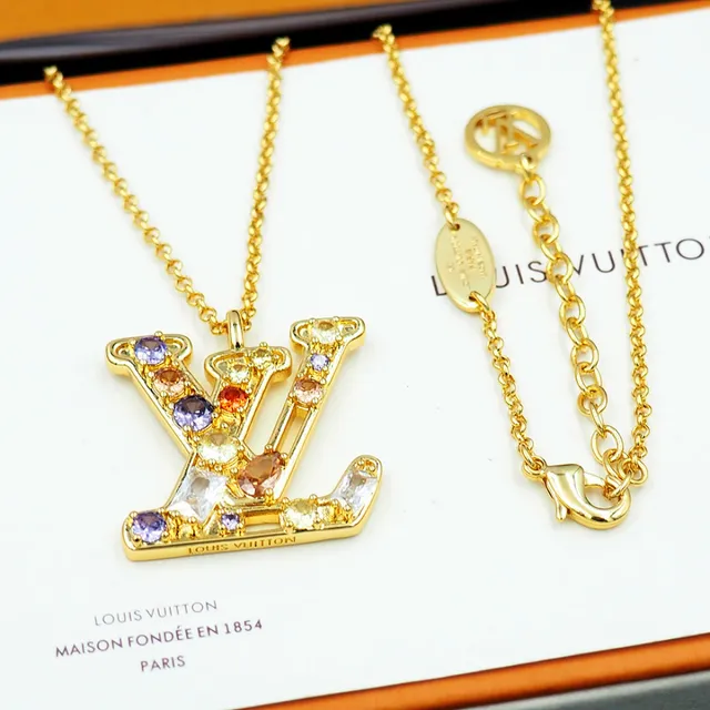 Louis Vuitton Crystal-Embellished LV Monogram Gold Tone Necklace 11