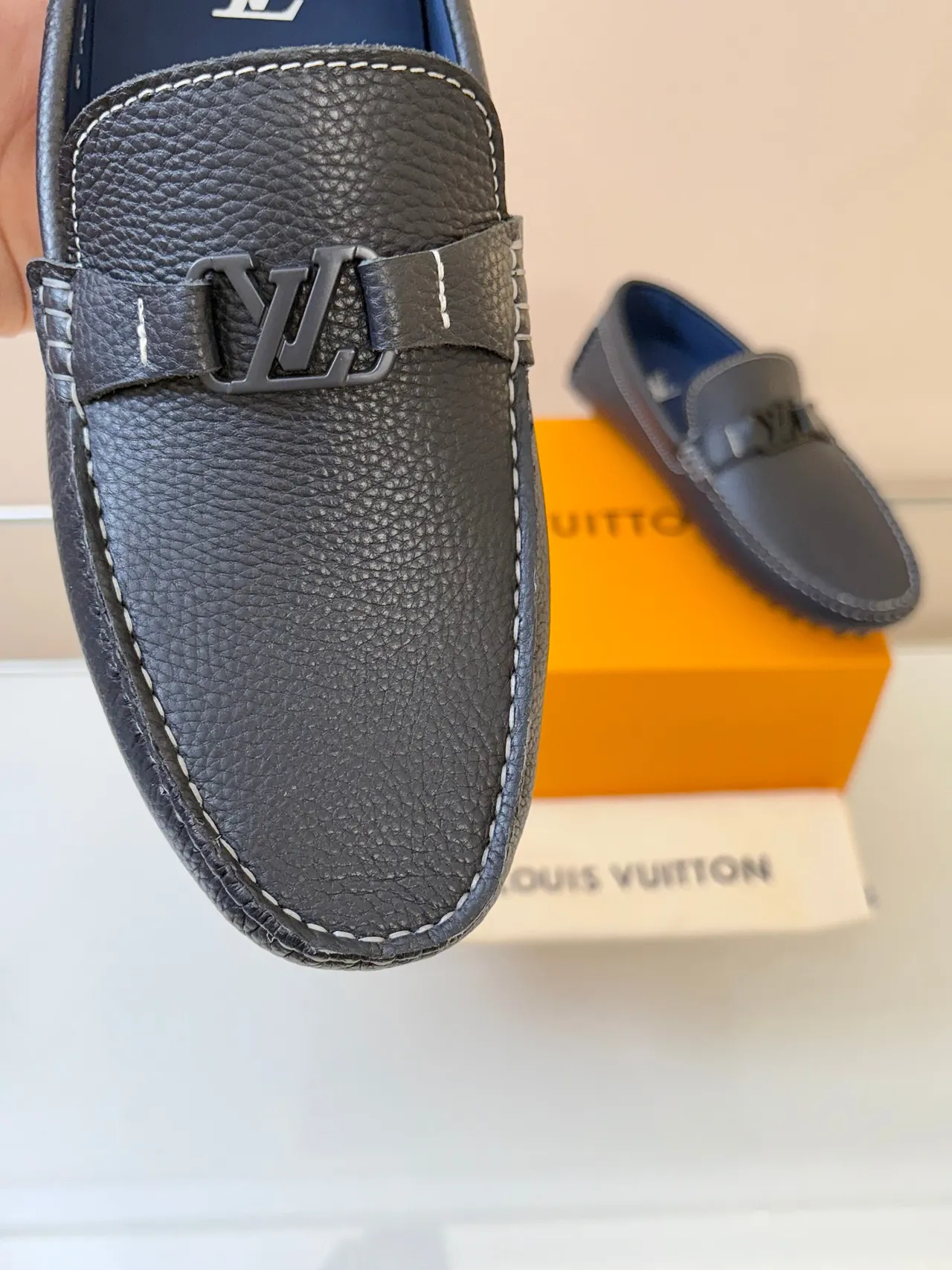 Louis Vuitton Driver Black Navy Pebbled Leather Monogram Buckle Strap Loafer 3