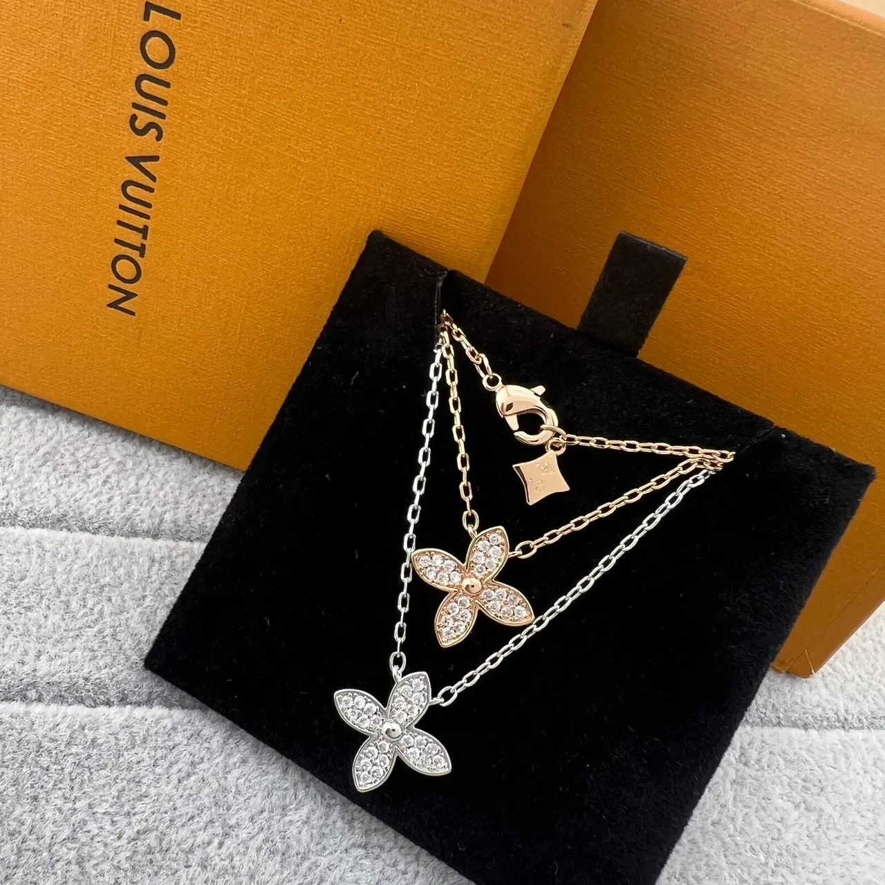 Louis Vuitton Floral Pavé Necklace Gold Silver Dual-Layered Necklace 7