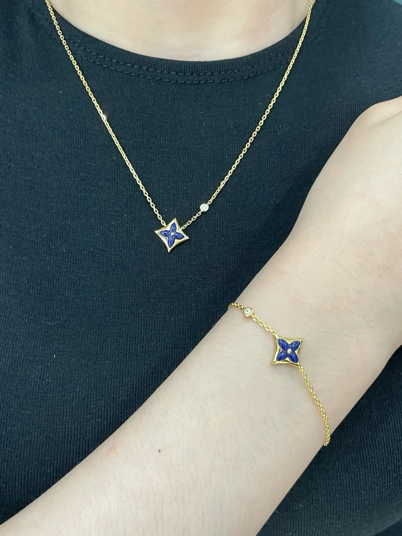 Louis Vuitton Flower Bracelet Blue Enamel Gold Chain Bracelet 9