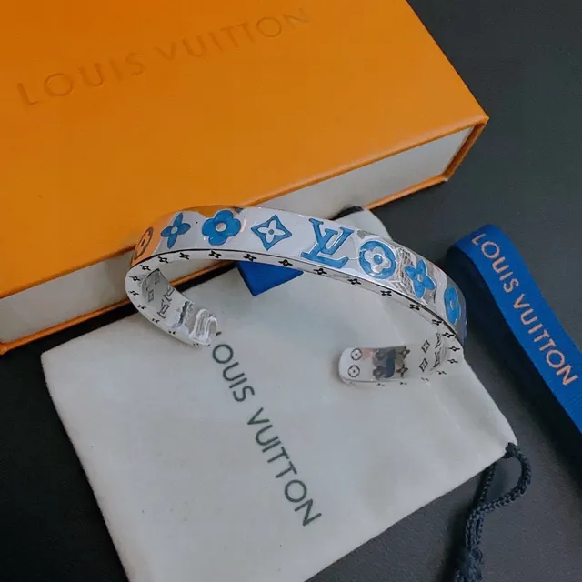 Louis Vuitton Flower Monogram Blue Enamel Silver Cuff Bracelet 8