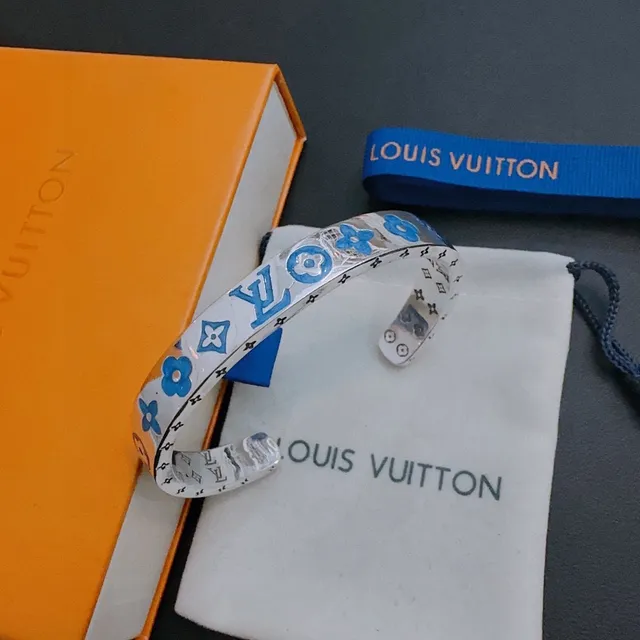 Louis Vuitton Flower Monogram Blue Enamel Silver Cuff Bracelet 9