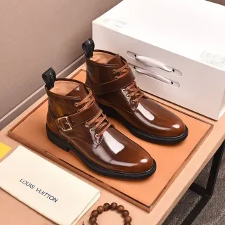 Louis Vuitton Glossy Brown Buckle Strap Ankle Boots