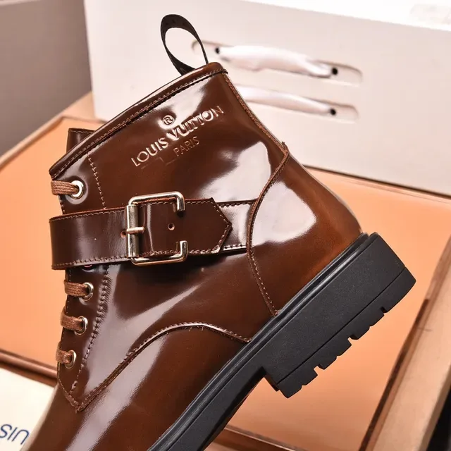 Louis Vuitton Glossy Brown Buckle Strap Ankle Boots 4
