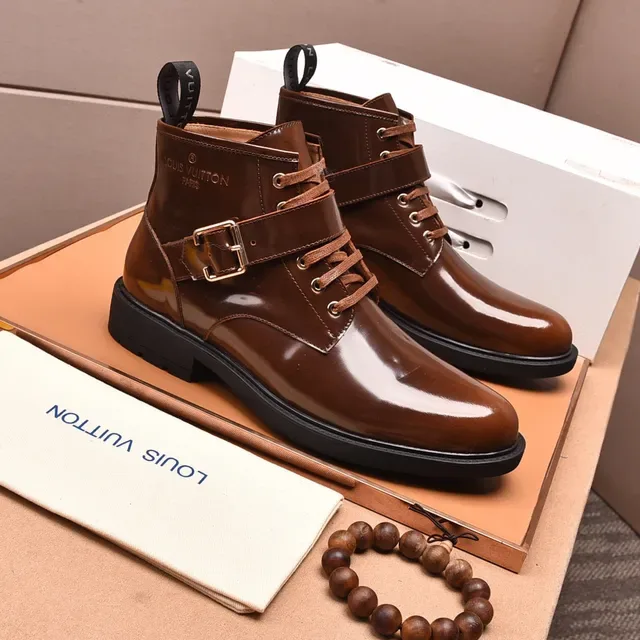 Louis Vuitton Glossy Brown Buckle Strap Ankle Boots 8