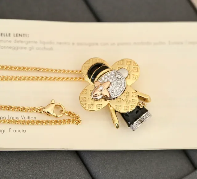 Louis Vuitton Gold Black Monogram-Engraved Pavé-Crystal Face Necklace 3