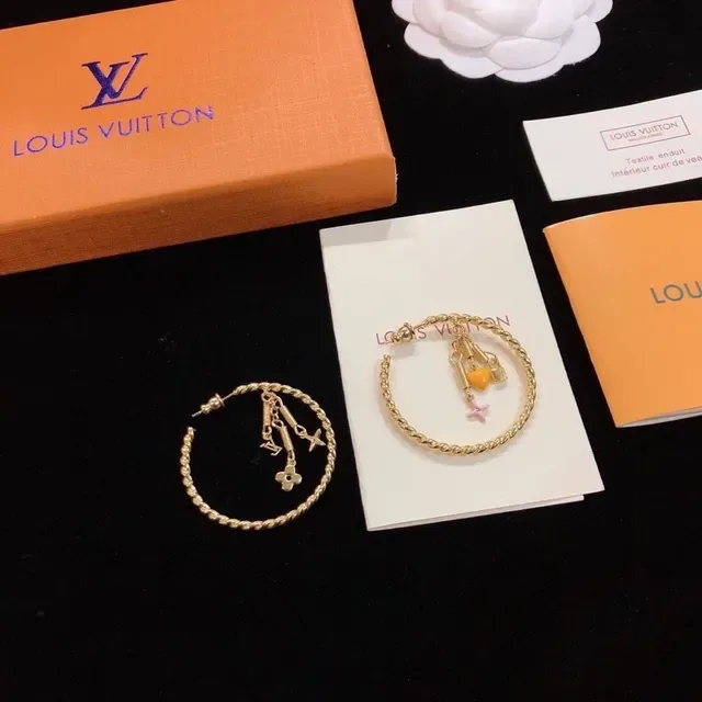 Louis Vuitton Gold Orange Twisted Rope Hoop Dangling Charms Earrings 5