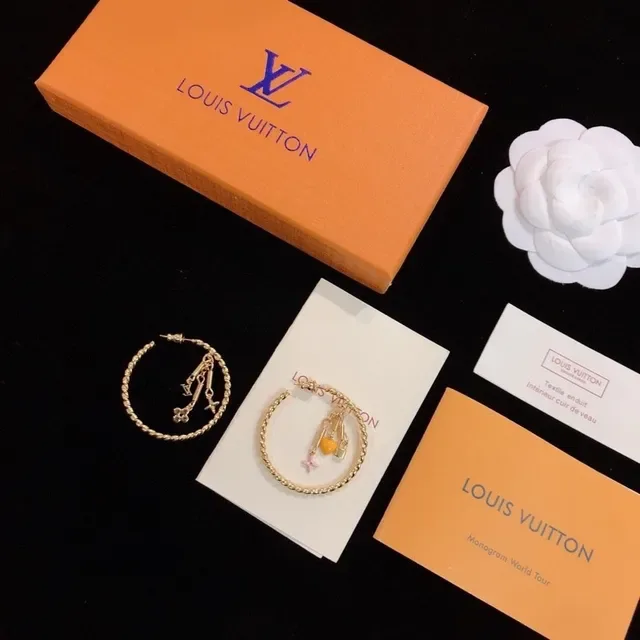 Louis Vuitton Gold Orange Twisted Rope Hoop Dangling Charms Earrings 6