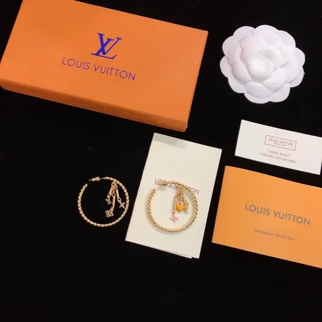 Louis Vuitton Gold Orange Twisted Rope Hoop Dangling Charms Earrings 8
