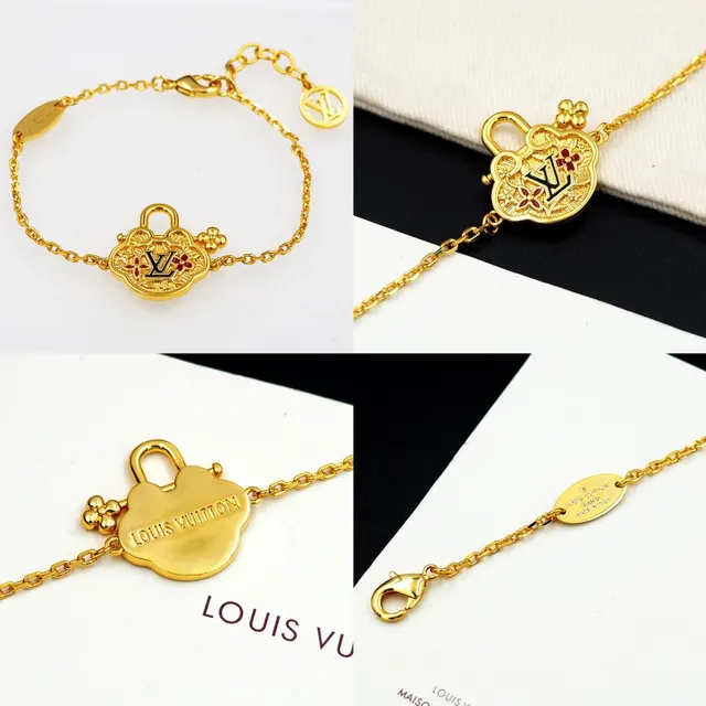Louis Vuitton Chaîne Dorée Rouge Fermoir Quatrefoil Charme Bracelet 12