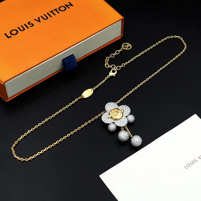 Louis Vuitton Gold Silver Flower-Shaped Pendant Pavé-Set Crystal Spheres Necklace 2