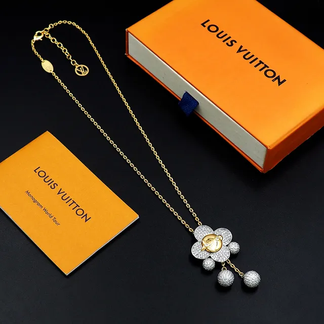 Louis Vuitton Gold Silver Flower-Shaped Pendant Pavé-Set Crystal Spheres Necklace 3