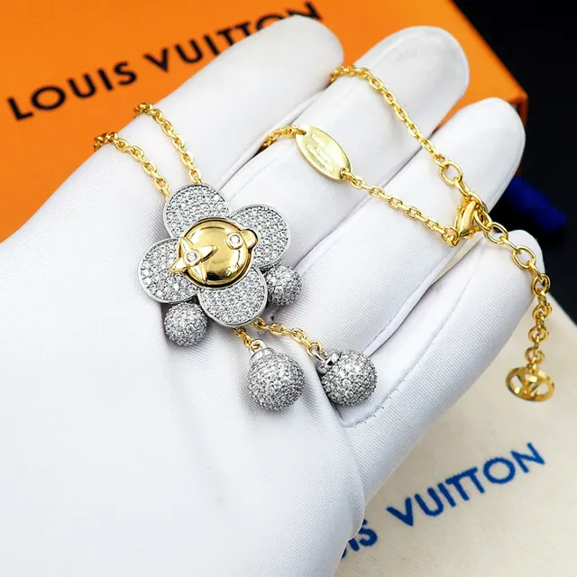 Louis Vuitton Gold Silver Flower-Shaped Pendant Pavé-Set Crystal Spheres Necklace 5