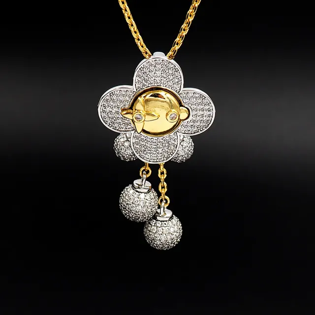 Louis Vuitton Gold Silver Flower-Shaped Pendant Pavé-Set Crystal Spheres Necklace 6