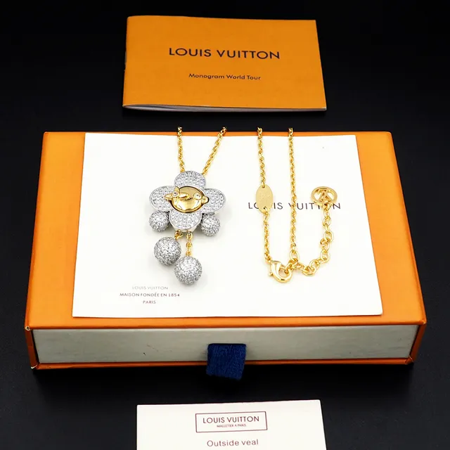 Louis Vuitton Gold Silver Flower-Shaped Pendant Pavé-Set Crystal Spheres Necklace 8