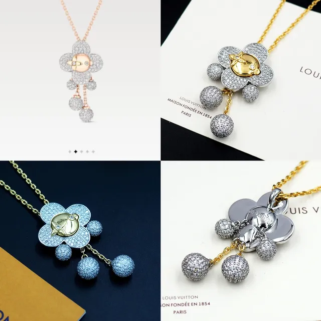 Louis Vuitton Gold Silver Flower-Shaped Pendant Pavé-Set Crystal Spheres Necklace 9