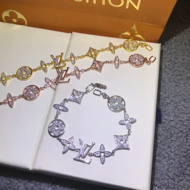 Louis Vuitton Gold Silver Pavé-Crystal Monogram-Link Bracelet 8