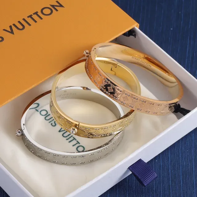 Louis Vuitton Gold Silver Rigid Hinged Bangle Monogram-Engraved Bracelet 2