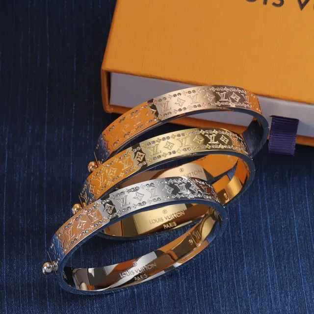 Louis Vuitton Gold Silver Rigid Hinged Bangle Monogram-Engraved Bracelet 3