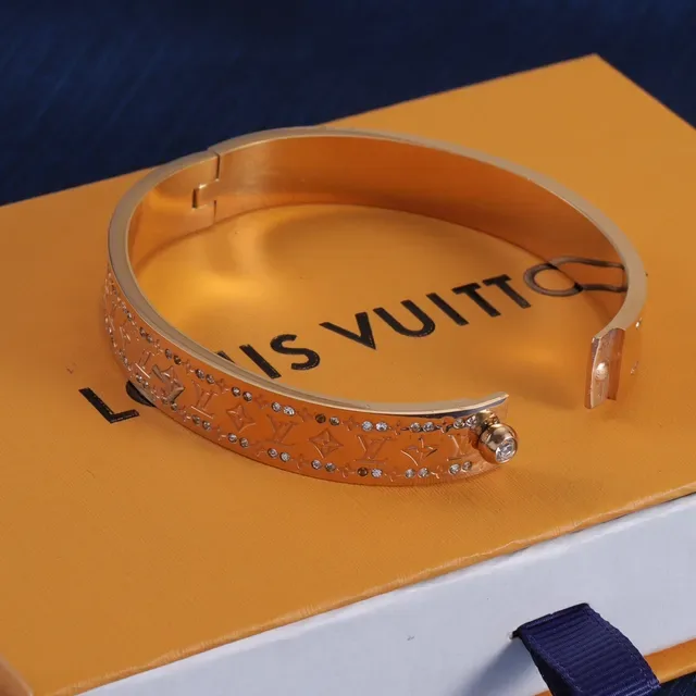Louis Vuitton Gold Silver Rigid Hinged Bangle Monogram-Engraved Bracelet 4