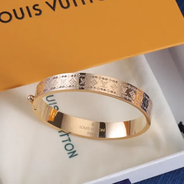 Louis Vuitton Gold Silver Rigid Hinged Bangle Monogram-Engraved Bracelet 5