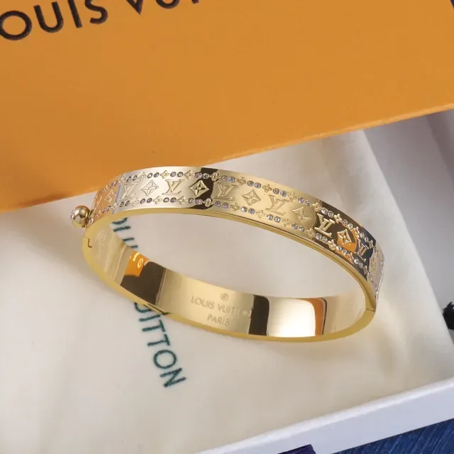 Louis Vuitton Gold Silver Rigid Hinged Bangle Monogram-Engraved Bracelet 6