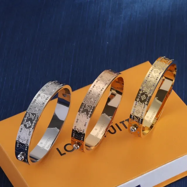 Louis Vuitton Gold Silver Rigid Hinged Bangle Monogram-Engraved Bracelet 9