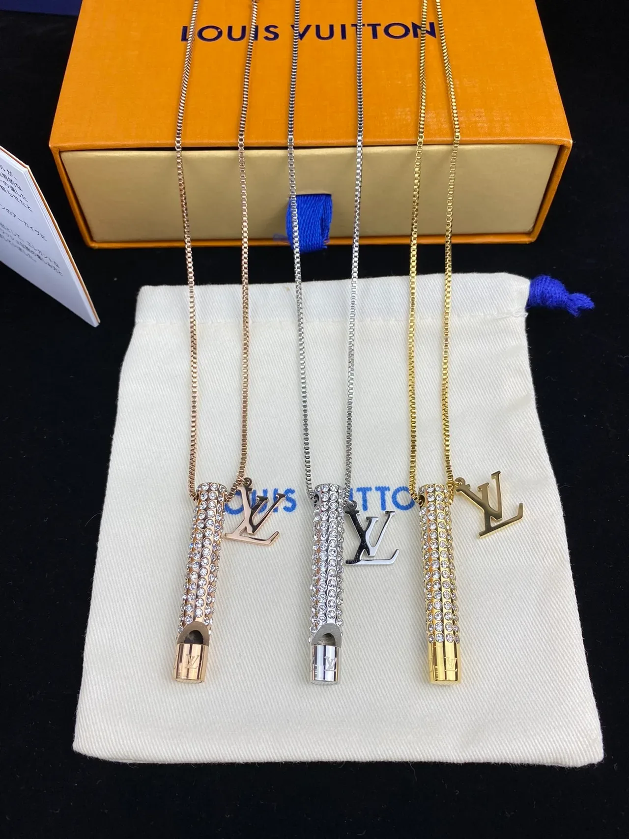 Louis Vuitton Gold-Tone Crystal Cylinder LV Monogram Necklace 3