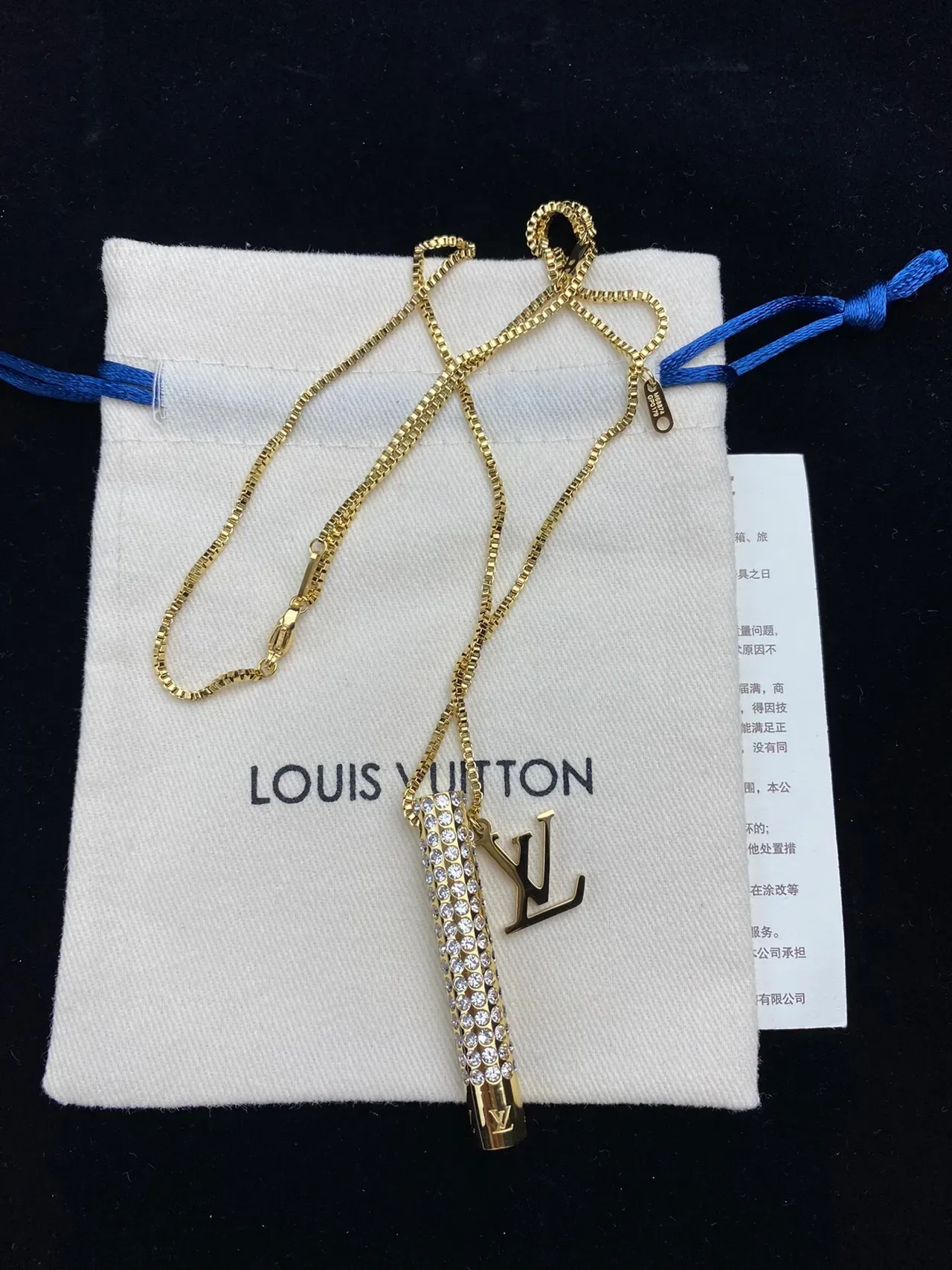 Louis Vuitton Gold-Tone Crystal Cylinder LV Monogram Necklace 4