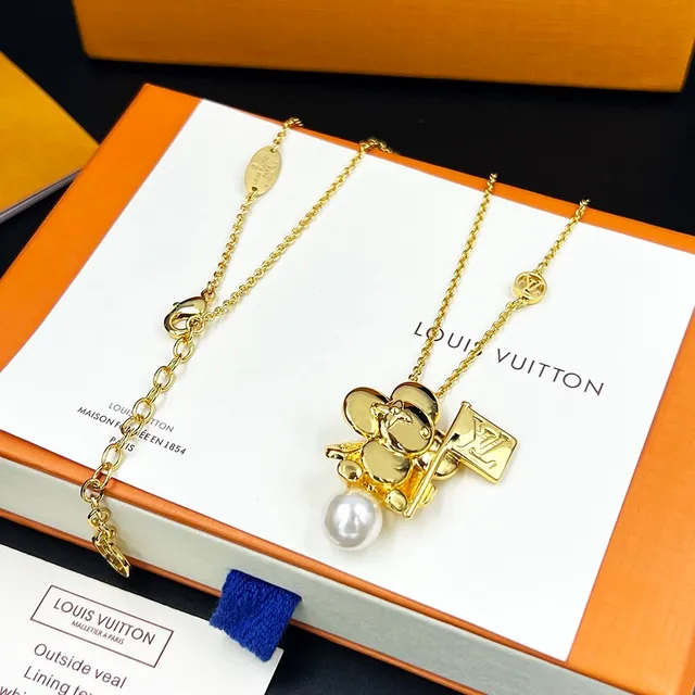 Louis Vuitton Gold White Chain Figural Bear Pendant Necklace 5