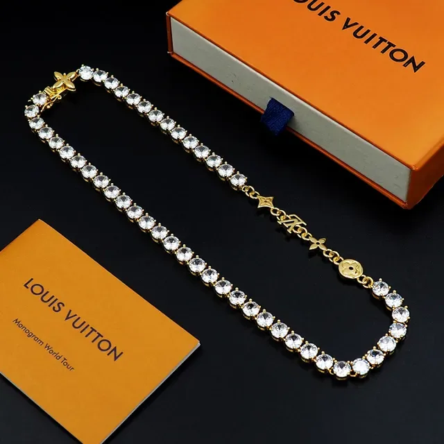Louis Vuitton Gold White Tennis-Style Pave-Set Stones Necklace 2
