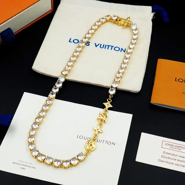 Louis Vuitton Gold White Tennis-Style Pave-Set Stones Necklace 3
