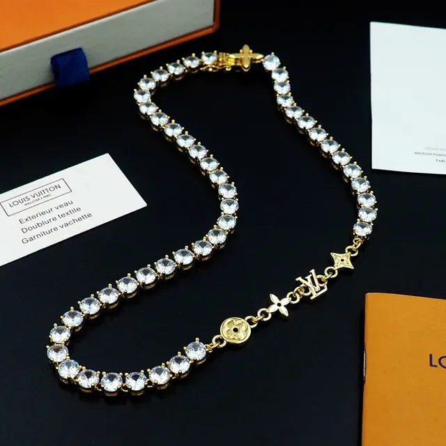Louis Vuitton Gold White Tennis-Style Pave-Set Stones Necklace 4