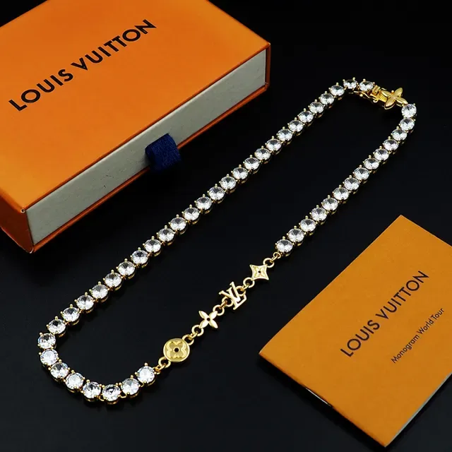 Louis Vuitton Gold White Tennis-Style Pave-Set Stones Necklace 6