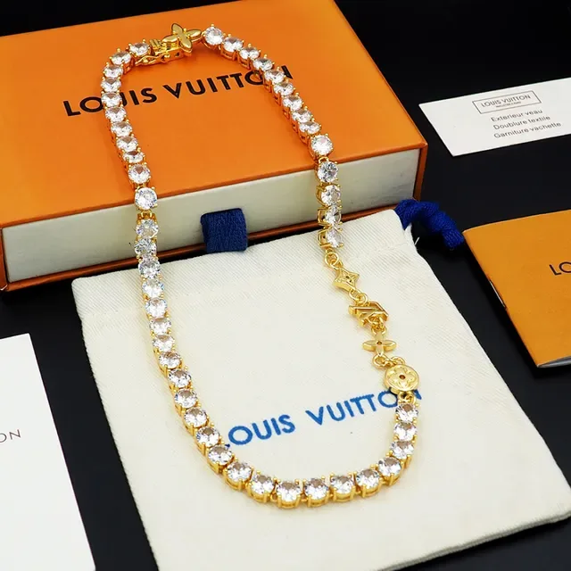 Louis Vuitton Gold White Tennis-Style Pave-Set Stones Necklace 7