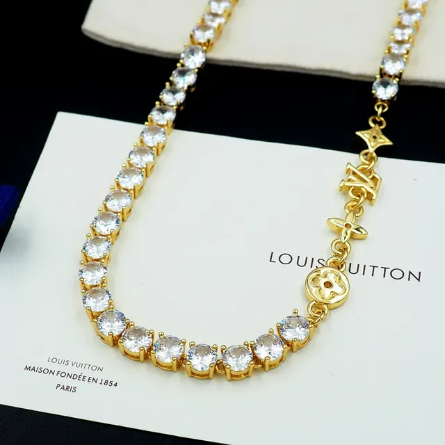 Louis Vuitton Gold White Tennis-Style Pave-Set Stones Necklace 8