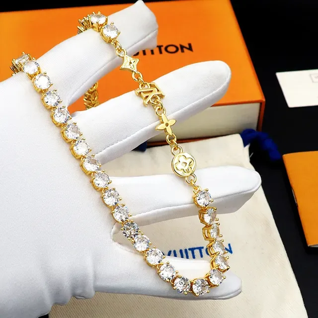 Louis Vuitton Gold White Tennis-Style Pave-Set Stones Necklace 11