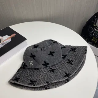 Louis Vuitton Gray Black Denim Embroidered Floral Motif Bucket Hat