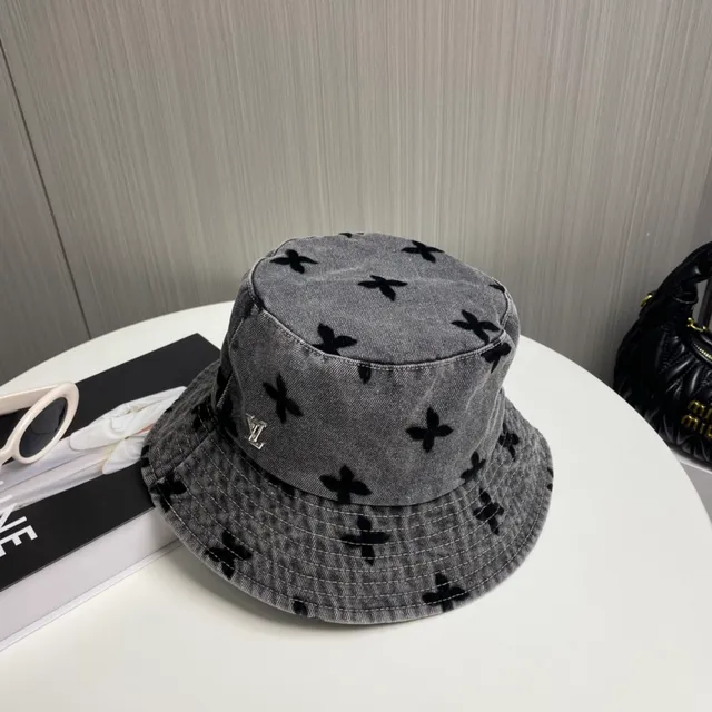 Louis Vuitton Chapeau Bucket Gris Noir Denim Brodé Motif Floral 7