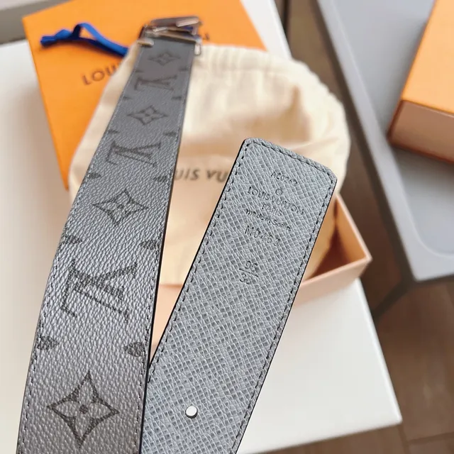 Louis Vuitton Gray Silver Monogram-Coated LV Buckle Leather Belt 5