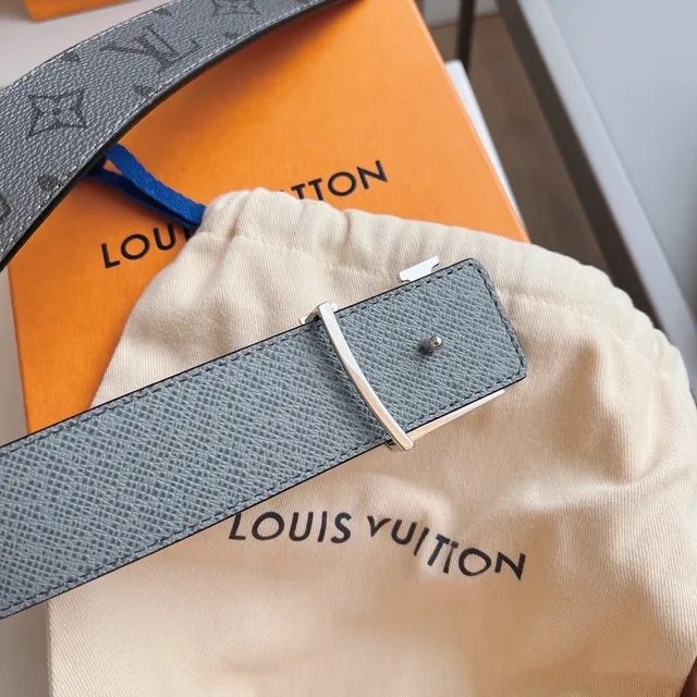 Louis Vuitton Gray Silver Monogram-Coated LV Buckle Leather Belt 7