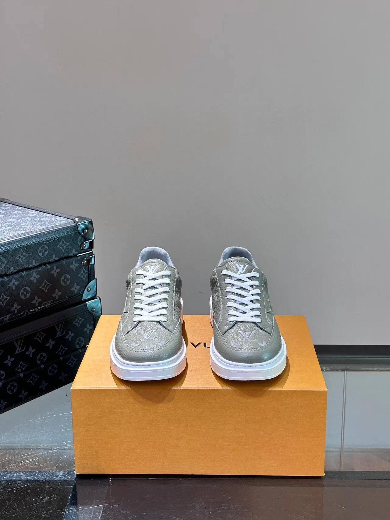 Louis Vuitton Gray White Monogram-Print Leather Low-Top Silhouette Lifestyle Sneakers 2