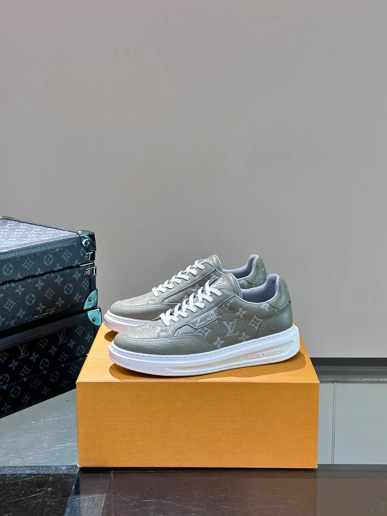Louis Vuitton Gray White Monogram-Print Leather Low-Top Silhouette Lifestyle Sneakers 3