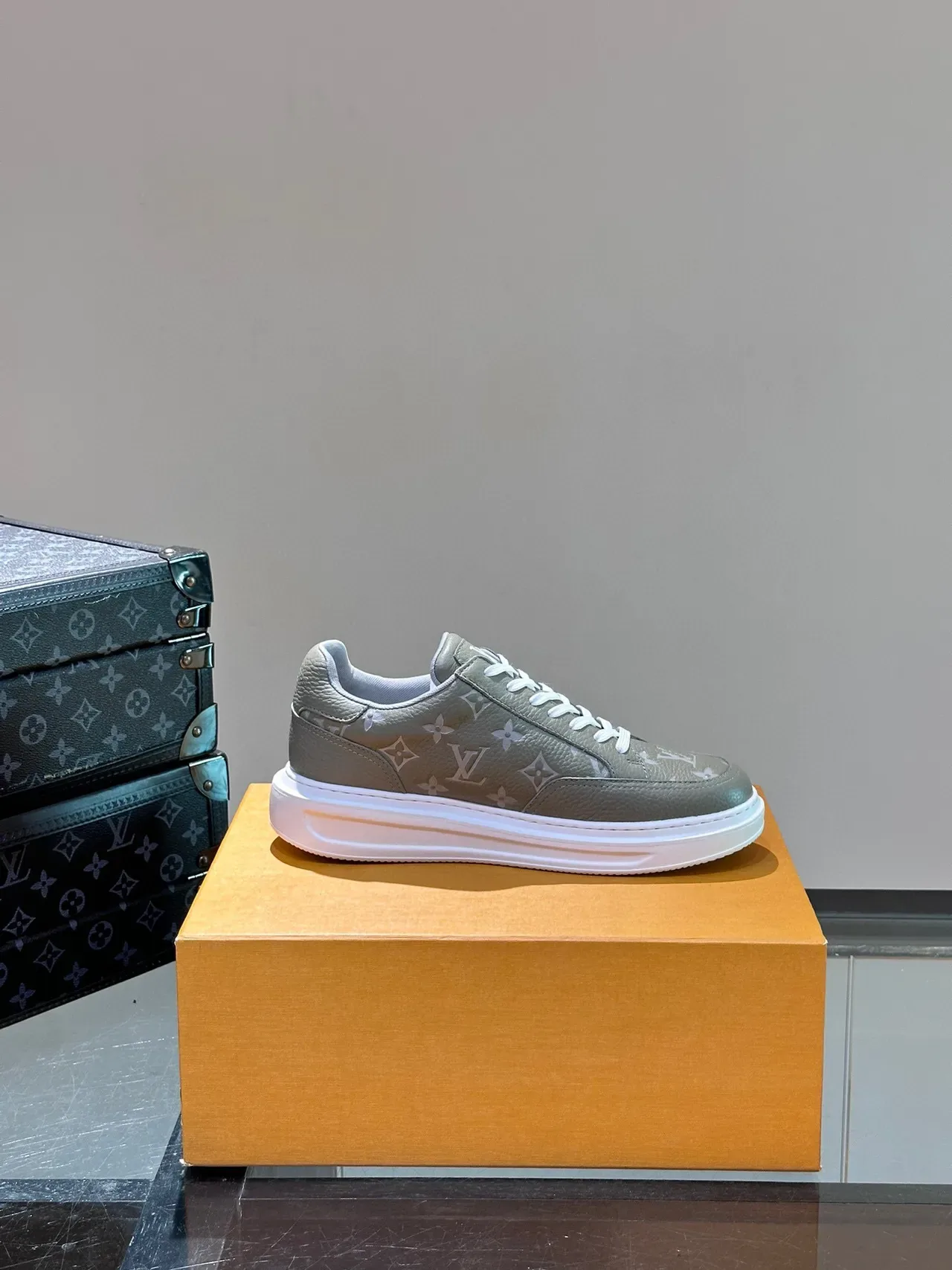 Louis Vuitton Gray White Monogram-Print Leather Low-Top Silhouette Lifestyle Sneakers 6